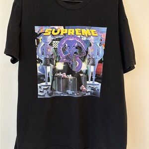 Supreme Black Tee with Purple-Centered Multicolor Graphic